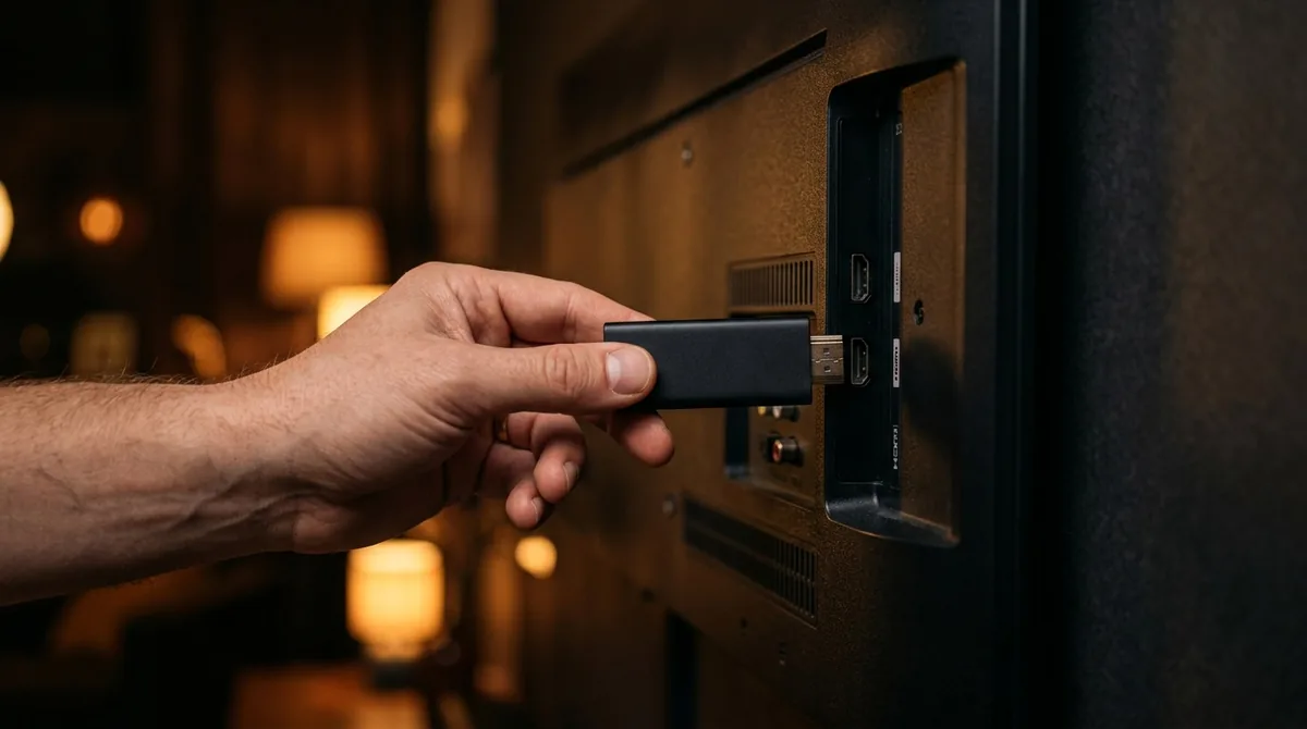 IPTV on Firestick: streaming stick plugged into the HDMI port of a TV