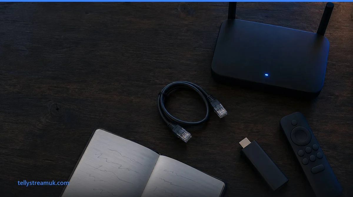 IPTV installation kit: router, ethernet cable, streaming stick and remote on a table