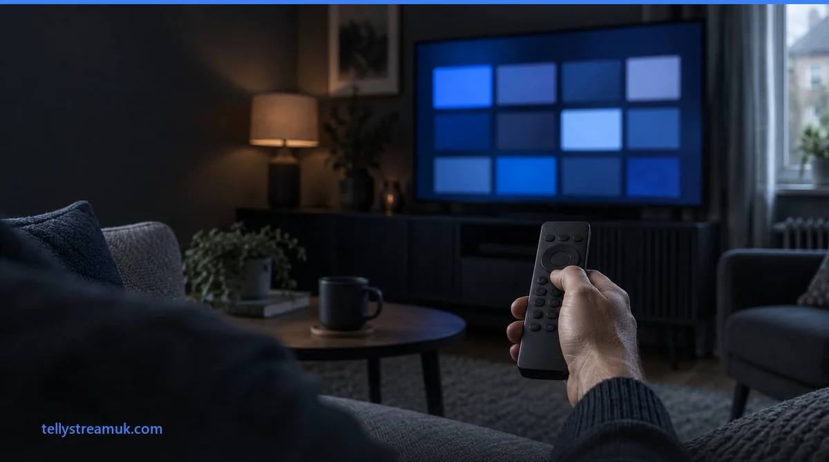 IPTV Smart TV app grid on screen with a remote pointed at the television