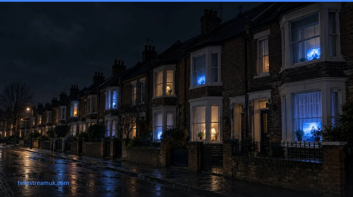 IPTV UK viewing at home: a row of British terraced houses at night with TV light in the windows
