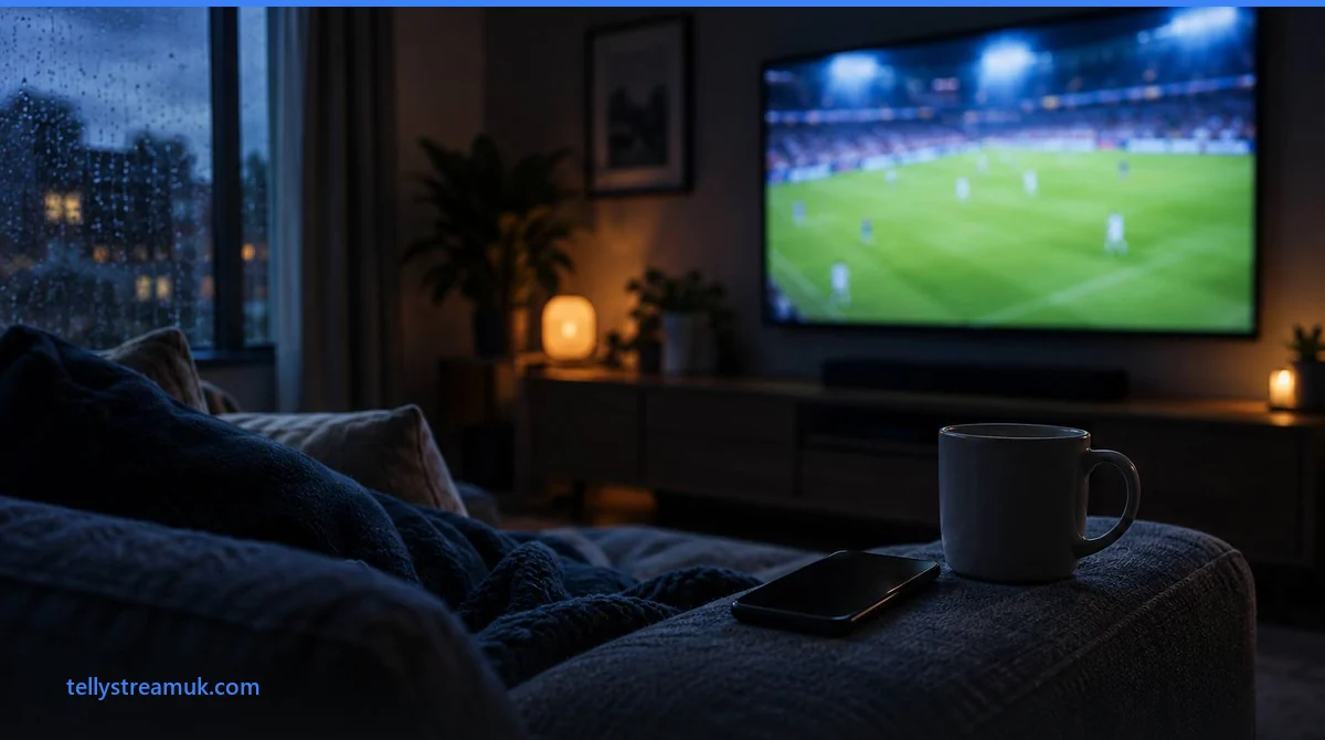 Premier League IPTV on a living-room TV, with a phone and mug on the sofa arm