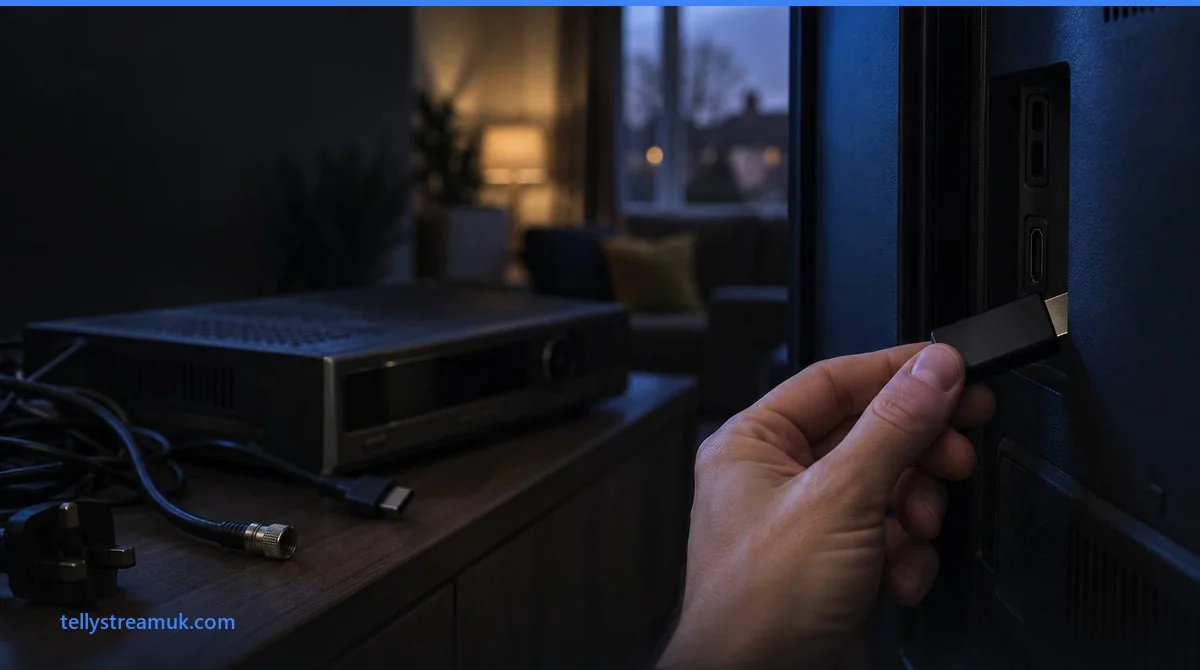 Sky Sports alternative: a streaming stick going into a TV's HDMI port, satellite box unplugged